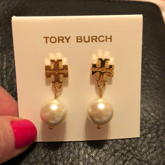 Tory Burch NWOT Gold Crystal Pearl Drop Earrings - Picture 5 of 5